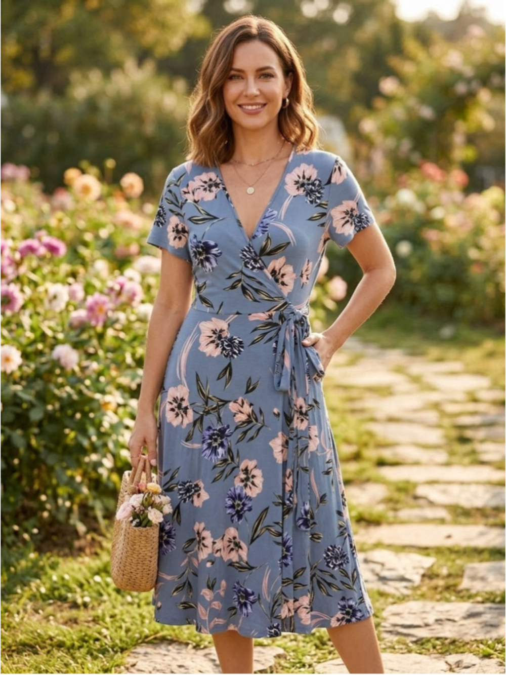 Yumi Kim Joyful Wrap Midi Dress S Wallflower Blue Pink Floral Stretch Luxury
